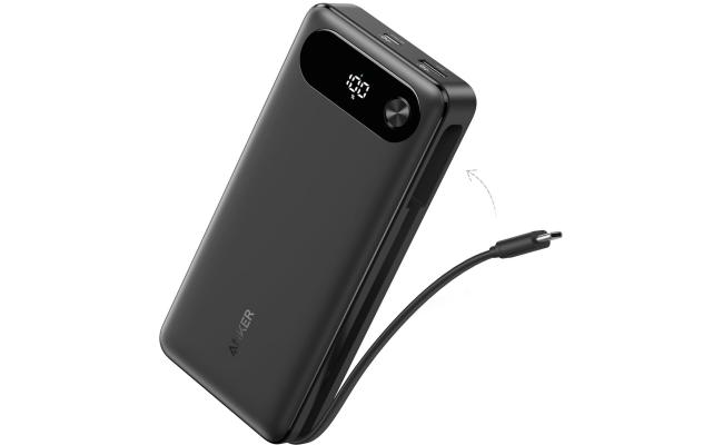 Anker Power Bank, 20,000mAh Travel Essential Portable Charger with Built-in USB-C Cable, 3-Port 87W Max Fast Charging Battery Pack, for MacBook, iPhone 16/15 Series, Samsung, Switch, and More - Black